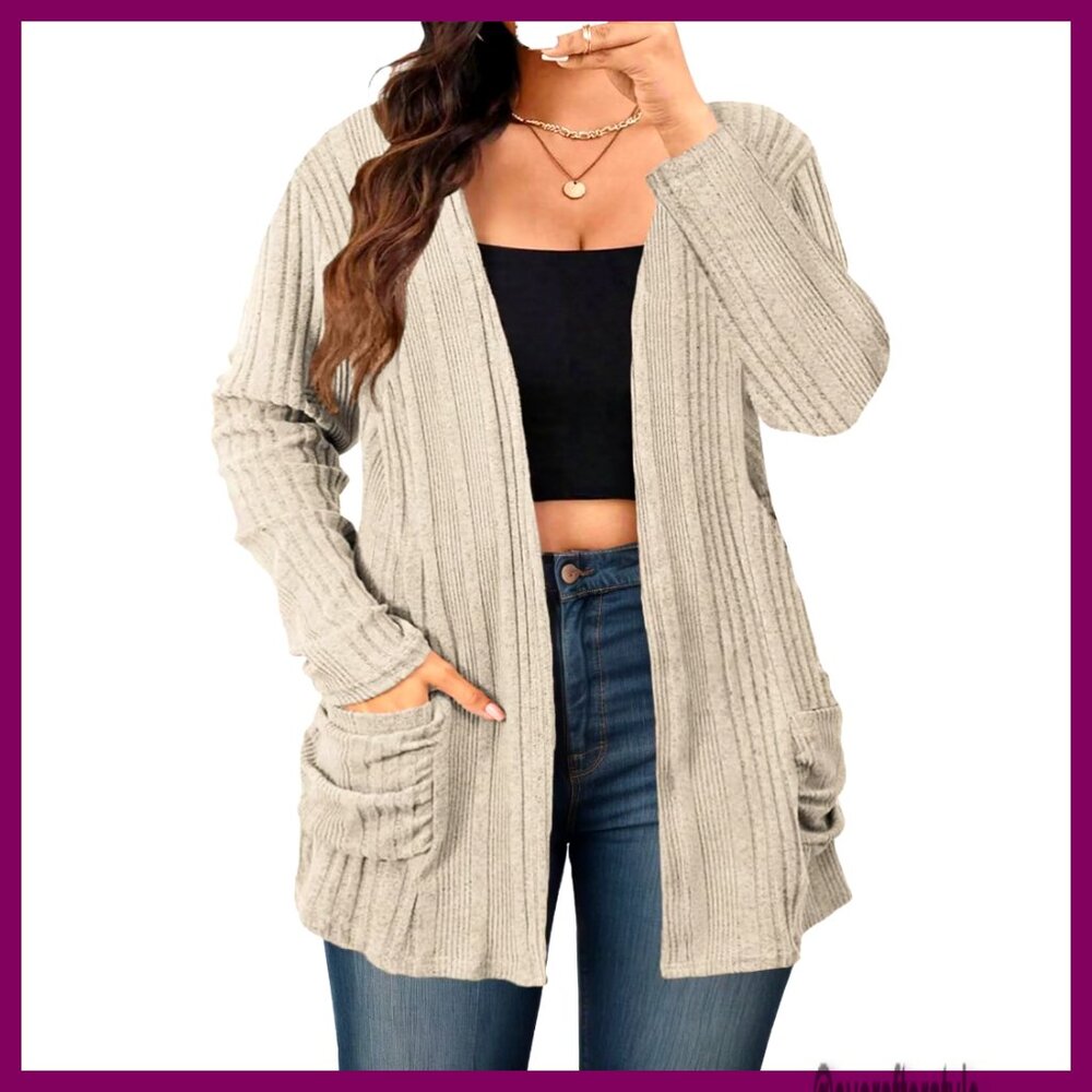 Plus Size Lightweight Open Front Cardigan with Pockets, Below Hip Length
